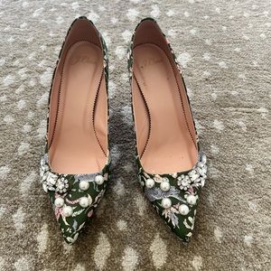JCrew embellished kitten heels, pearl details, green with pink floral print, 8.5